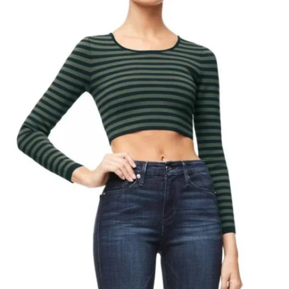NEW Good American Long Sleeve Knit Crop Top Striped Green & Blue Size Medium